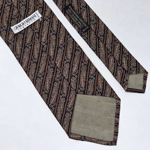 GIORGIO ARMANI CRAVATTE SILK TIE BROWN BLACK PAISLEY PIXEL STRIPE SATIN 4" X 57" - Picture 2 of 3